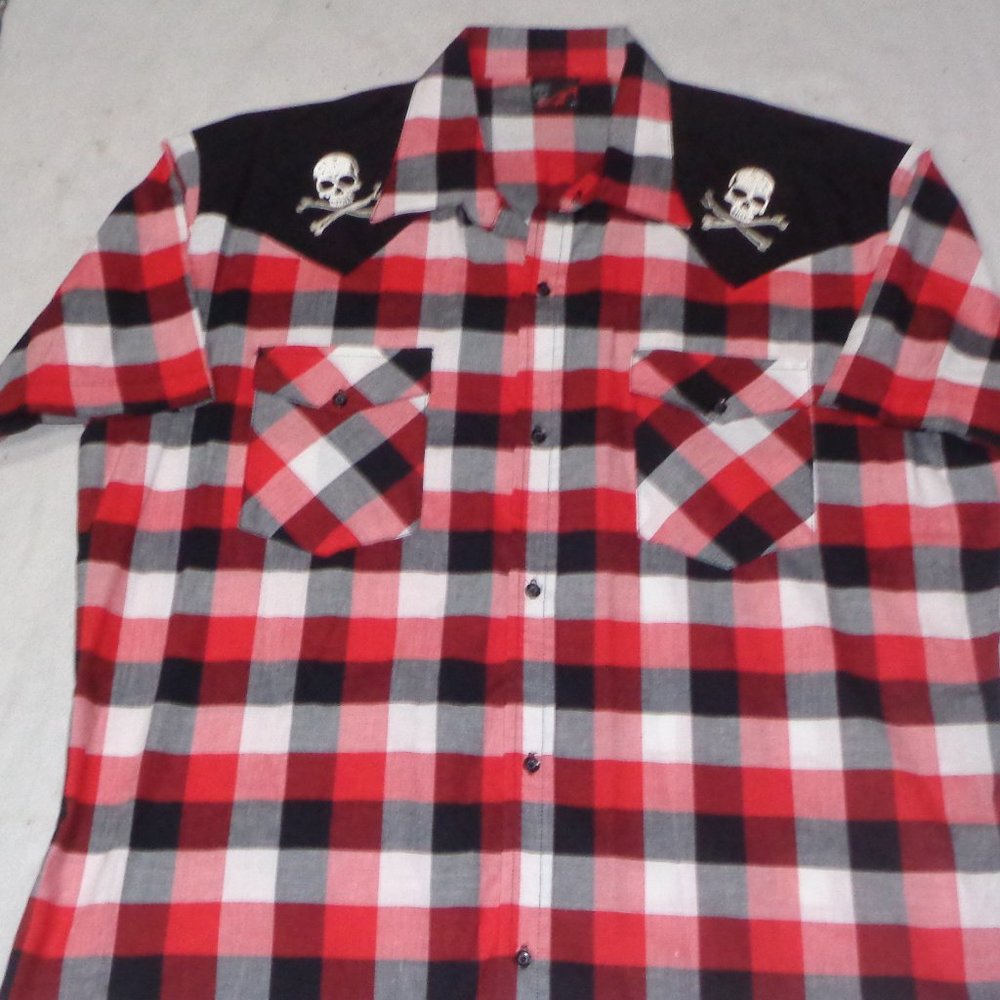 Rock Steady Clothing Embroidered Skull Plaid Chaos Western Button Shirt Size 2XL